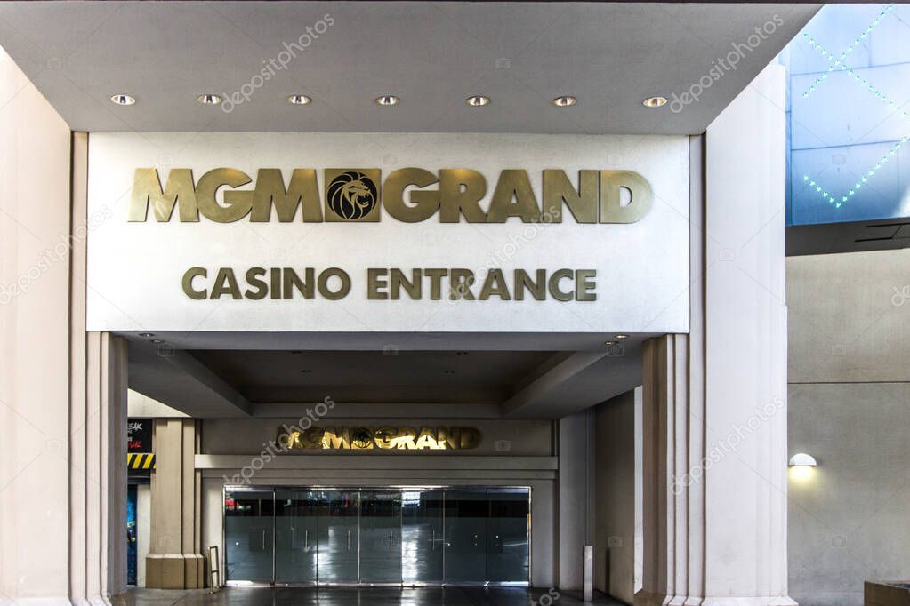 Las Vegas, Nevada, USA - May 6, 2019: Entrance to the MGM Grand Casino and Resort on Las Vegas Boulevard on the Center Strip. The MGM Grand is one of the largest hotels in the word and is owned by MGM Resorts International.
