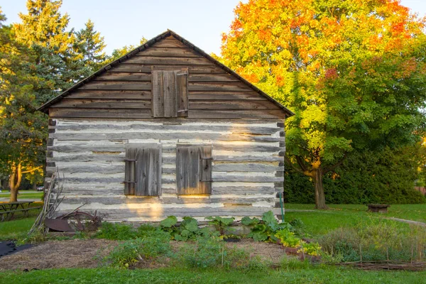 Historic Log Cabin 나뭇잎으로 둘러싸인 선수촌 개척자들은 미시간주 역사적 장소로 — 스톡 사진