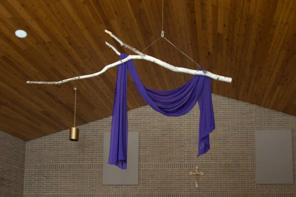 Purple Cloth Draped Cross Holy Week Represent Royalty Jesus Christ — Stock Photo, Image