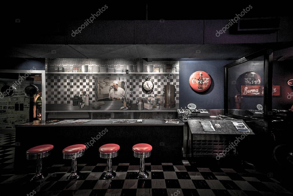 Clinton, Oklahoma, USA - February 25, 2020: Interior of a 1950s era diner with vintage Coca Cola decor at the Route 66 Museum in Oklahoma.