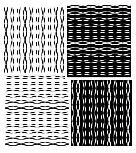 Set of abstract seamless patterns of black and white wavy narrow stripes. Horizontal and vertical bands. Zebra. Vector eps 10. — Stock Vector