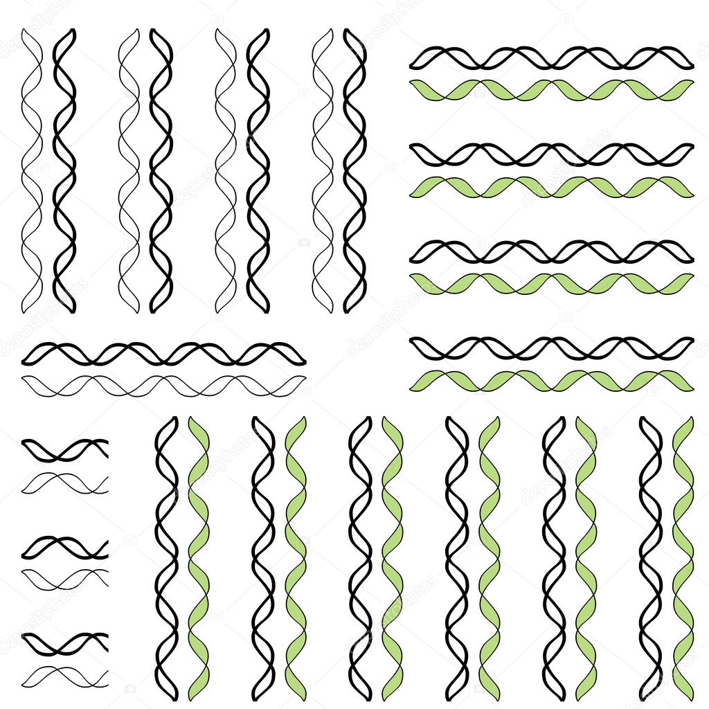 Set of abstract seamless patterns with wavy black lines and green stripes on a white background. Horizontal and vertical. Vector eps 10.