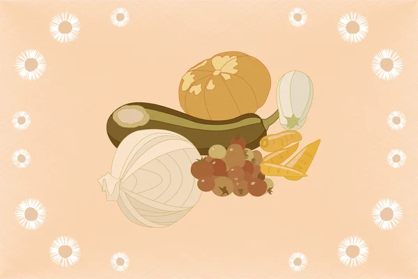 Vector composition of vegetables in frame of camomiles on a beige textured background. Can be used for ceramic tile. Eps10. — ストックベクタ