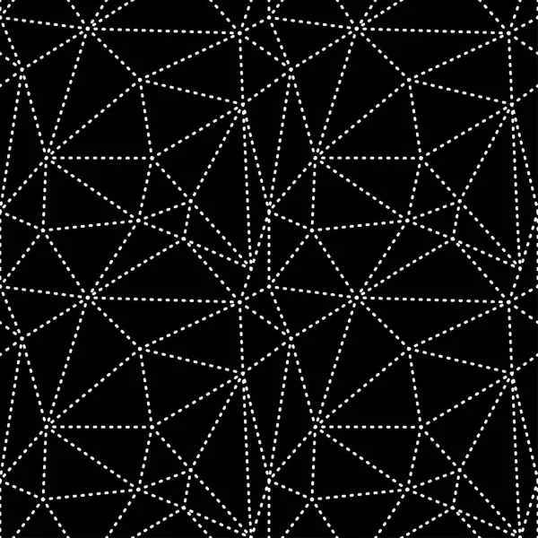 Abstract geometric black and white seamless pattern of triangles. White dotted lines on a black background. Vector eps10. — Stock Vector