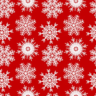 Vektör Noel koyu kırmızı zemin üzerine beyaz farklı kar taneleri sorunsuz deseni. EPS 10.
