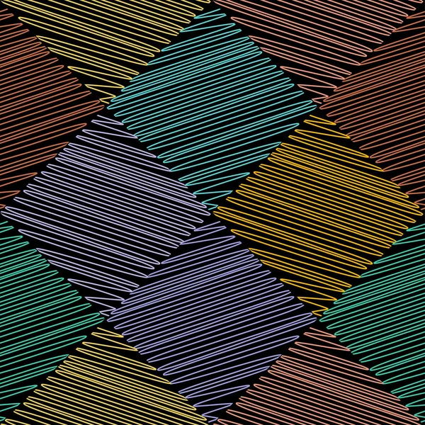 Astratto modello quadratico colorato senza cuciture di linee curve su uno sfondo nero. Passi vettoriali 10. Una trapunta pazzesca. Variante 1 . — Vettoriale Stock