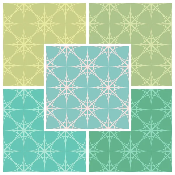 Set of symmetric seamless patterns of abstract elements in different tones of green. Vector eps10. — Stock Vector