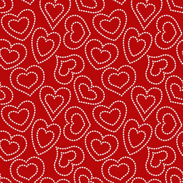 Seamless pattern with dotted white hearts of different form on a red background. Vector eps 10. — Stock Vector