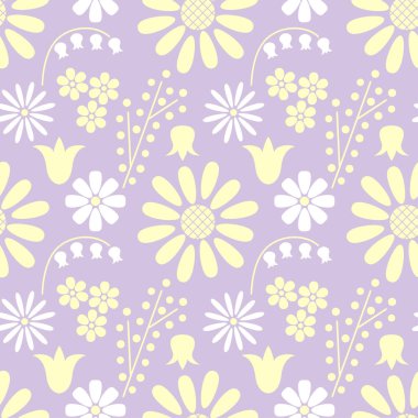 Sessiz Lila zemin üzerine değişik beyaz ve sarı çiçek çiçek seamless modeli. Vektör eps 10.