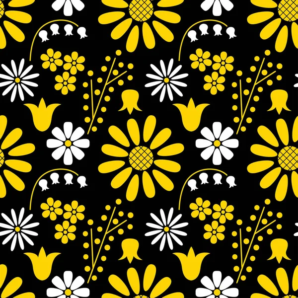 Αντίθεση απρόσκοπτη floral μοτίβο των διαφορετικών λουλουδιών λευκό και κίτρινο σε μαύρο φόντο. Διανυσματικών eps 10. — Διανυσματικό Αρχείο