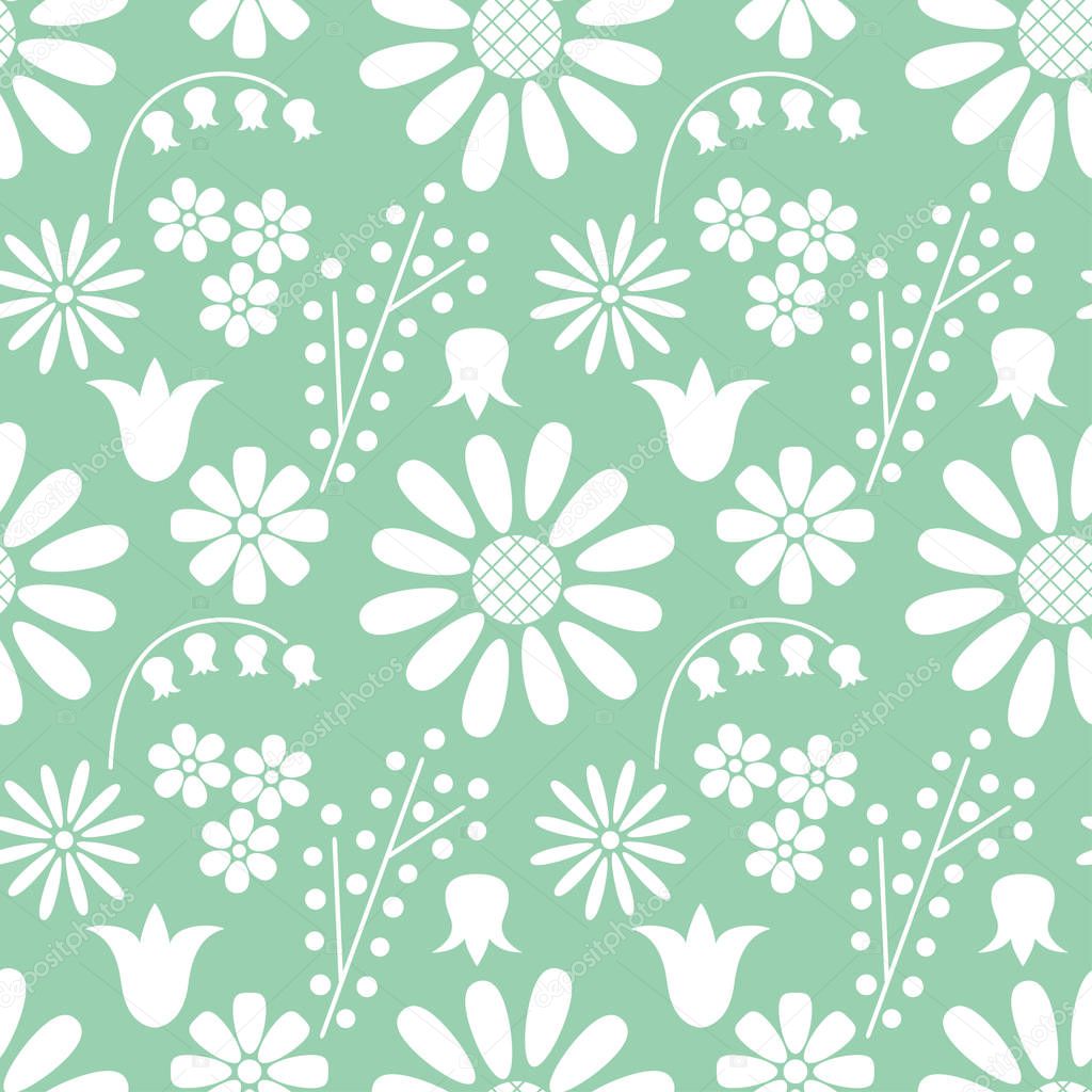 Floral seamless pattern with outlines of different flowers on a muted green background. Vector eps 10.