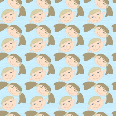 Bebek gülümseyen yüzler çocuk karikatür ile seamless modeli. Dotty mavi arka plan. Vektör eps 10.
