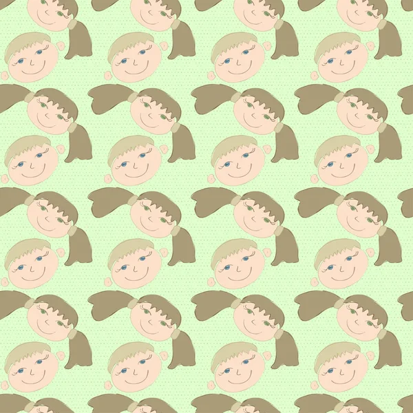 Baby seamless pattern with cartoon smiling faces of kids. Dotty green background. Vector eps 10. — Stock Vector