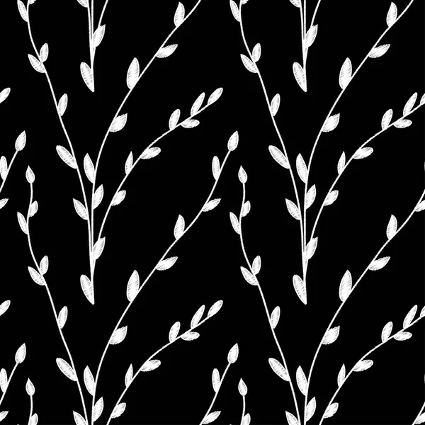 Vector seamless black and white pattern with hatched outlines of branches and leaves on a black background. Eps 10. — Stock Vector