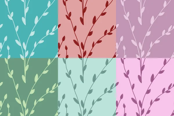 Conjunto vetorial de padrões sem costura com contornos eclodidos de ramos e folhas em cores diferentes. Eps 10 . — Vetor de Stock