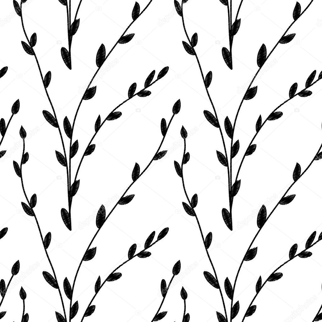 Vector seamless black and white pattern with hatched outlines of branches and leaves on a white background. Eps 10.