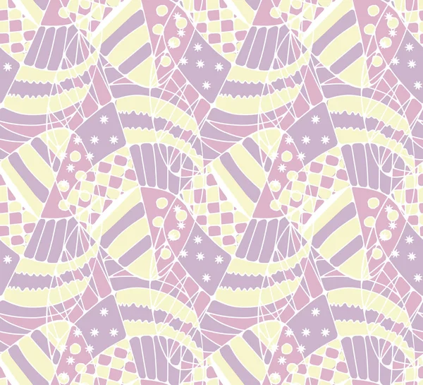 Textura sin costura abstracta de elementos ovales estampados. Lila, rosa grisáceo y amarillo. Líneas blancas. Vector eps10 . — Archivo Imágenes Vectoriales