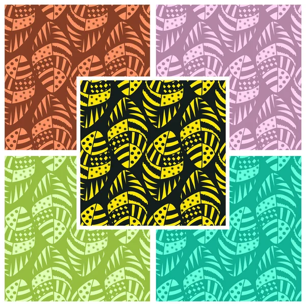 Van abstracte naadloze texturen van patroon ovale elementen instellen Zwarte, gele, rode, kastanjebruin, aquamarijn en groene tinten. Vector eps10. — Stockvector