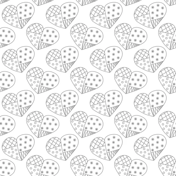 Seamless pattern with gray contours of patterned hearts on a white background. Vector eps 10. — Stock Vector