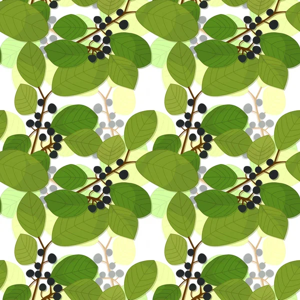 Vector seamless pattern of the branches with green and yellow leaves and black berries. Eps 10. — Stock Vector