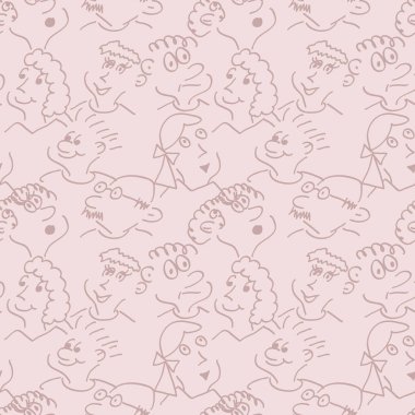 Farklı duygulardaki insanların karikatür yüzleriyle kusursuz bir desen. Contour hatları. Bej renkler. Vektör 10.