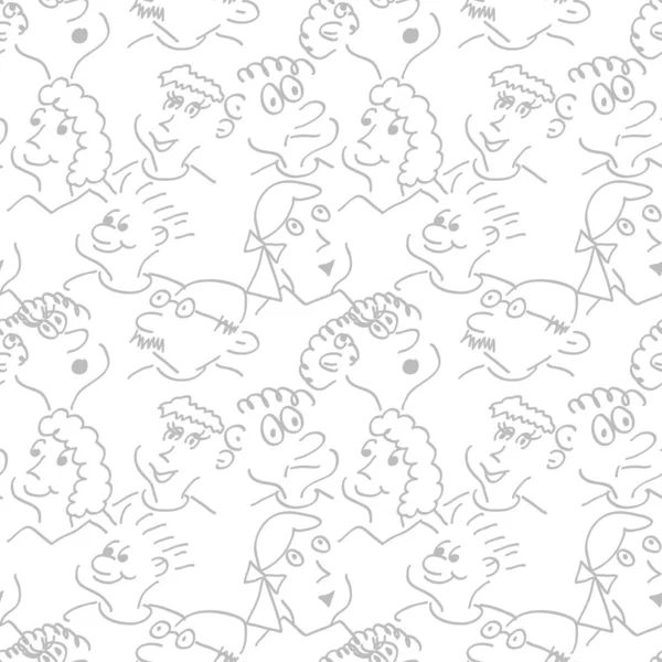 Seamless Pattern Caricature Faces People Different Emotions Contour Lines Gray — Stock Vector