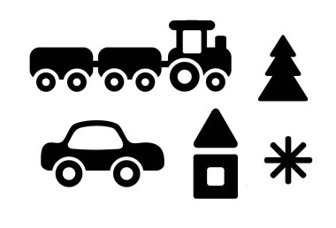 Vector set of different black outlines on a white background.  Flat signs are isolated. Train, house, auto, snowflacke, fir-tree. For a children. Eps 10.