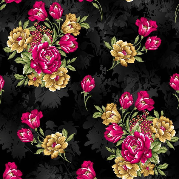 Tradycyjny Kwiatowy Flower Seamless Wzór Czarnym Tle — Zdjęcie stockowe
