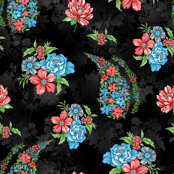 Bezešvé Květinový Vzor Paisley Květiny Černém Pozadí — Stock fotografie