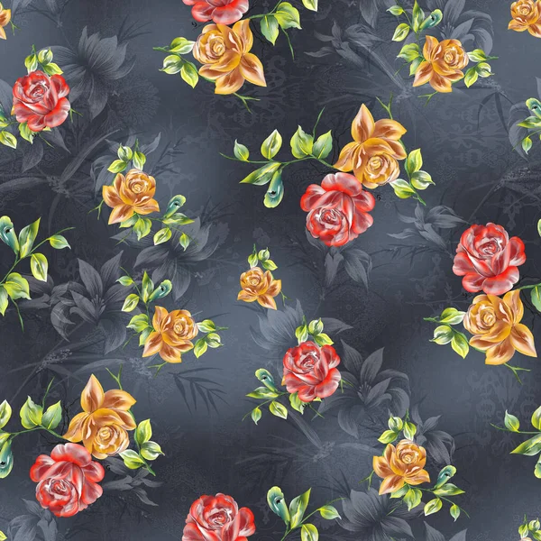 Gyönyörű Akvarell Virág Levelek Szürke Elvont Geometrikus Textúra Háttér — Stock Fotó