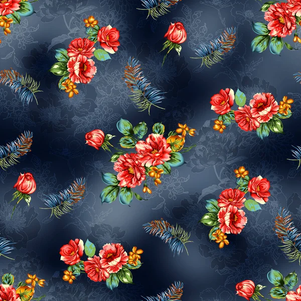 Flower print design with beautiful flower bunch on navy blue background,seamless pattern,background texture,floral pattern,abstract geometric background,vintage flower pattern,beautiful design on allover pattern