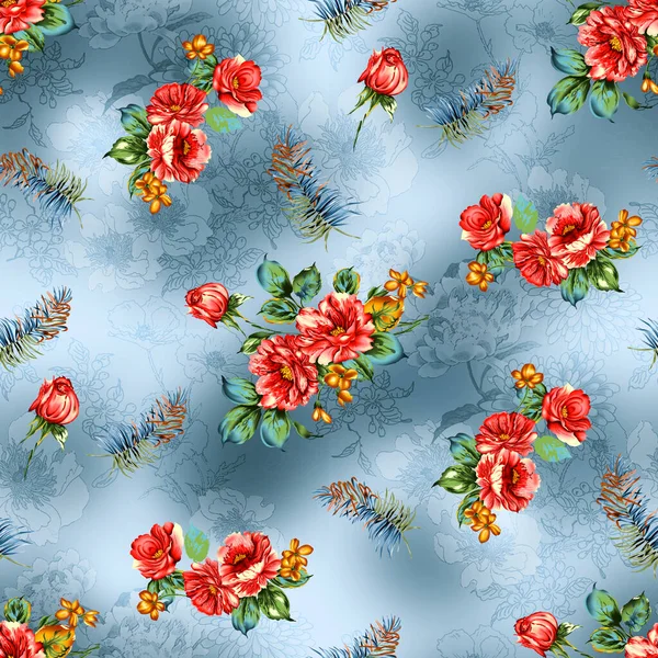 Flower Print Design Beautiful Flower Bunch Sky Blue Background Seamless — Stock Photo, Image