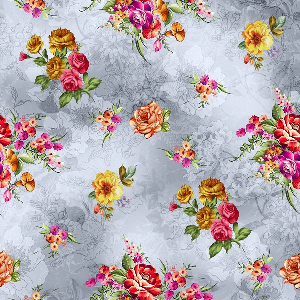 Seamless Cut Watercolor Flower Grey Background Seamless Pattern Background Texture — Stock Photo, Image