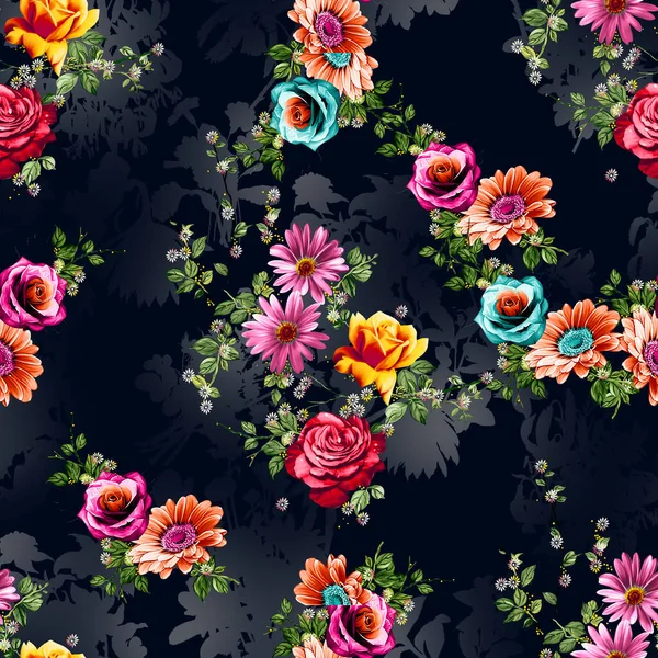 Gyönyörű Varrat Nélküli Vágott Akvarell Virág Fekete Háttér Zökkenőmentes Minta — Stock Fotó