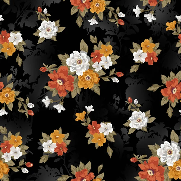 Klasszikus Évjárat Zökkenőmentes Virág Minta Fekete Háttér Zökkenőmentes Minta Háttér — Stock Fotó