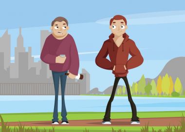 adam içki ve sigara ve sağlıklı bir insan. Düz vektör çizim.