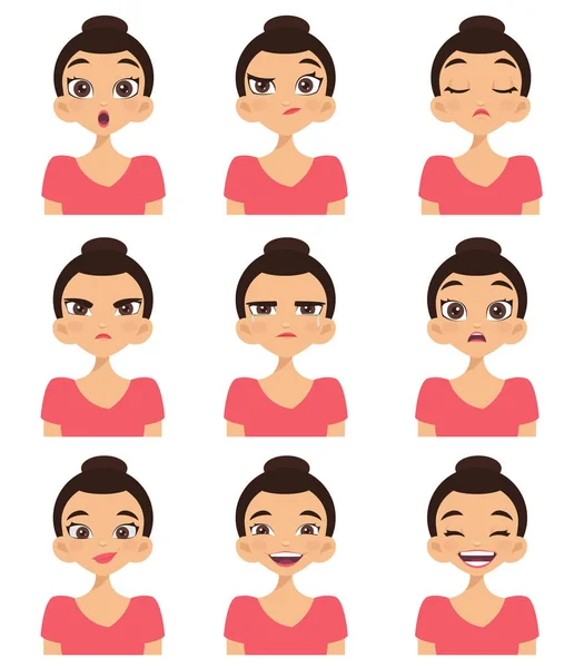 Mujer Con Diferentes Expresiones Faciales Conjunto — Vector de stock