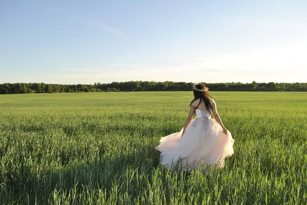 Bride at a photo shoot in the field. The sun's rays illuminate the bride. The bride's shadow falls on the grass. On the bride's head wreath. The bride looks at the forest.