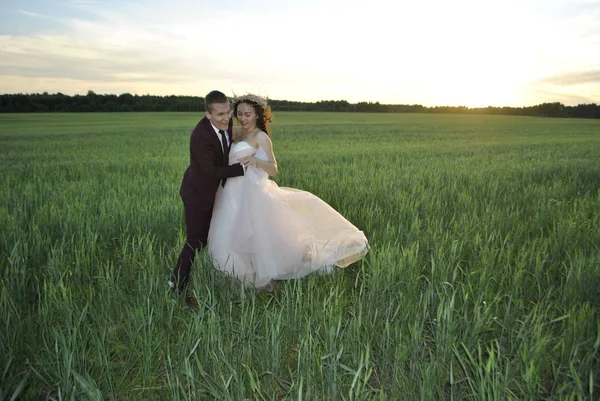 Bröllopspar Fotografering Nygifta Dansar Ett Vetefält — Stockfoto