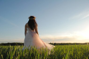 Beyaz ve pembe gelinlikli bir gelin buğday tarlasında doğaya hayran. Fotoğraf çekiminde kameraya poz veren gelin. Güneş ışınları gelini aydınlatır..