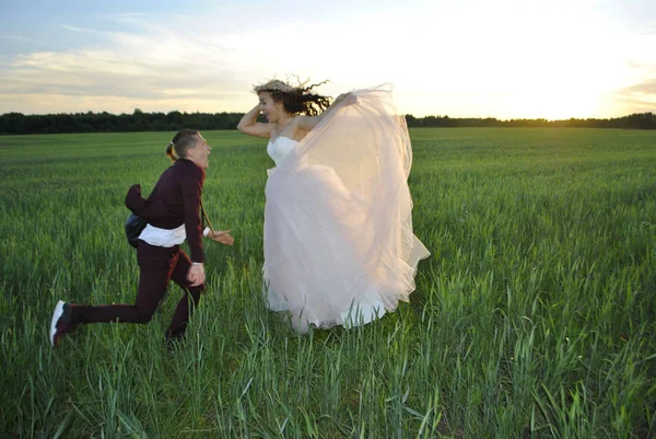 Bröllopspar Dansar Ett Vetefält Nygifta Skriker Varandra — Stockfoto