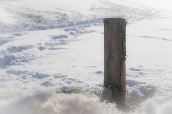 Poste de madeira na neve — Fotografia de Stock
