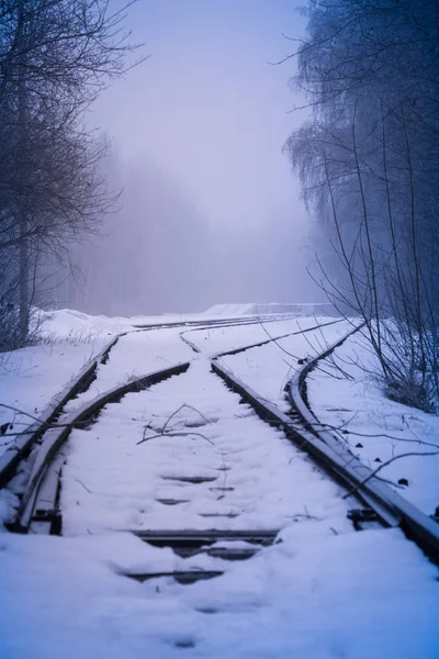 Järnvägen rails i dimma — Stockfoto