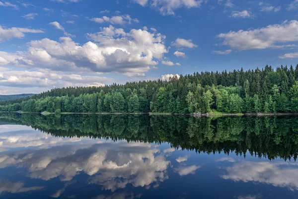 Lago del bosque con cielo azul y nubes —  Fotos de Stock