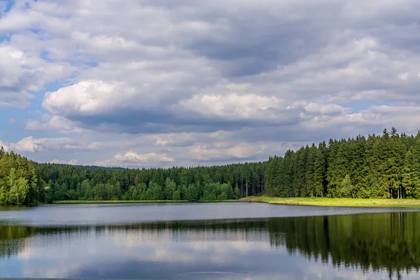 青い空と雲の森の湖 ストック画像