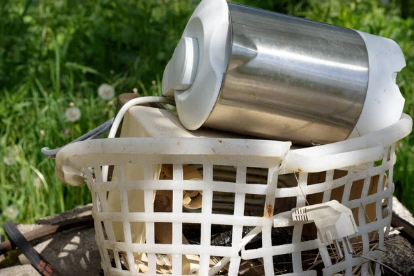 Fly Tipping Discarded Small Household Appliances Discarded Broken Plastic Basket — Stock Photo, Image