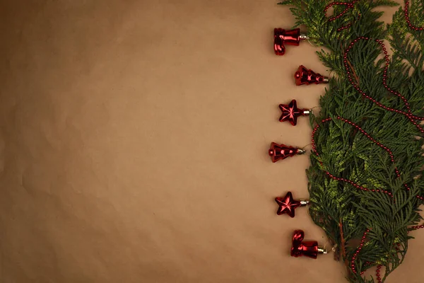 New year eve flatlay. Christmas tree and decorations. 2020. Merr — Stock Photo, Image