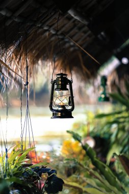 Yeşil bitkiler ile bambu çatıda eski petrol fener asmak