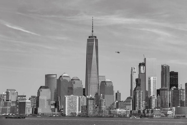 Manhattan skyline in black and white, New York, USA.