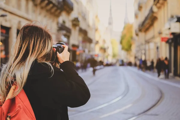 Selevtive Photographer Hand Taking Photo Street Tram Rails Saint Andre — Stock Photo, Image